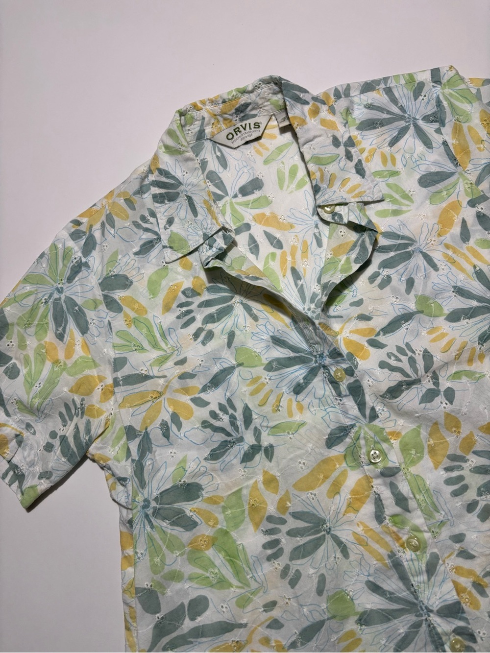 Orvis Pastel Blue Green & Yellow Cotton Cottage Core Water Color Button Up